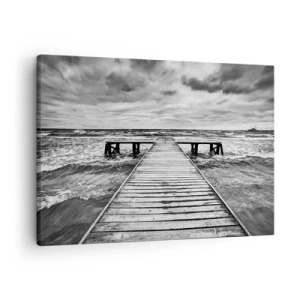 Tablou pe pânză Canvas - O vedere alb-negru a unui debarcader din lemn deasupra unei mări furtunoase. - 70x50cm - Aștept ca vântul să fugărească... - Decorațiune modernă pentru perete pentru living și dormitor ARTTOR
