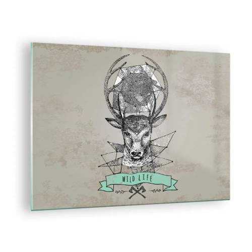 Tablou pe sticlă - Desen geometric al unui cerb cu inscripția Wild Life - 70x50cm - Viziunea Sfântului Hubertus - Decorațiune modernă pentru perete pentru living și dormitor ARTTOR
