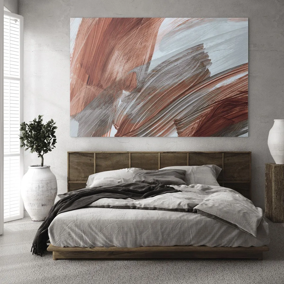 Tablou pe sticlă - Tușe dinamice în culori calde de toamnă și albastru rece. - 70x50cm - Abstracție autumnală și vântoasă - Decorațiune modernă pentru perete pentru living și dormitor ARTTOR