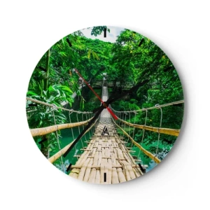 Ceas de perete - Ceas pe sticlă - Un pod de frânghie de bambus în vegetație tropicală peste un râu - 30x30cm - Pod de maimuțe peste verdeață - Decorațiune modernă pentru perete pentru living, bucătărie și dormitor ARTTOR