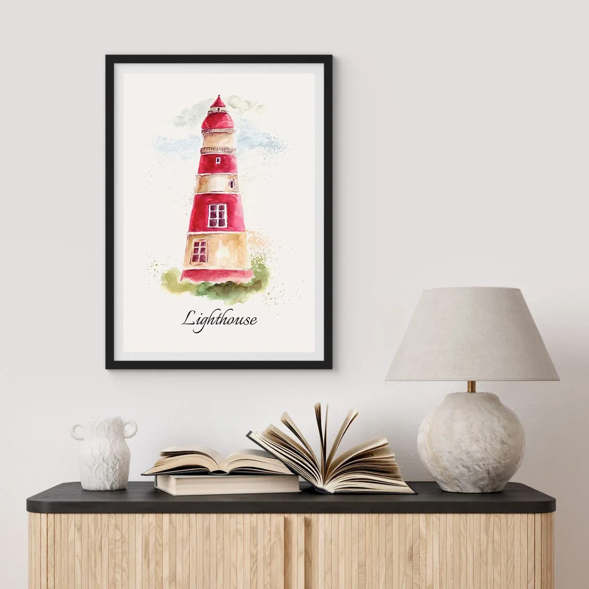 Poster în ramă neagră - Ilustrație în acuarelă a unui far pe un fundal deschis - 50x70cm - Întotdeauna vreme bună - Decorațiune modernă pentru perete pentru living și dormitor ARTTOR