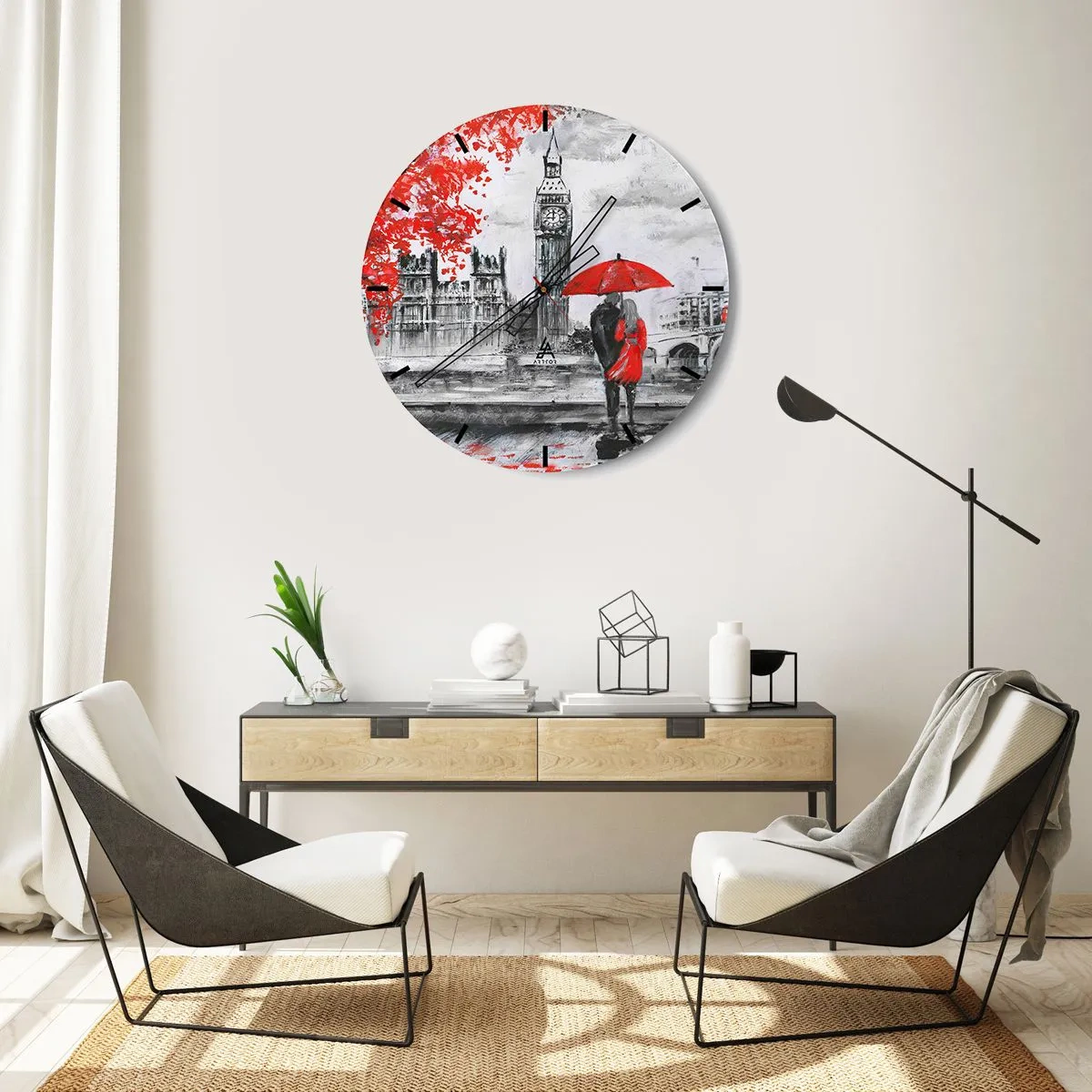 Ceas de perete - Ceas pe sticlă - Un cuplu sub o umbrelă roșie, cu Big Ben și Palatul Parlamentului în fundal. - 30x30cm - Îndrăgostit de Londra - Decorațiune modernă pentru perete pentru living, bucătărie și dormitor ARTTOR