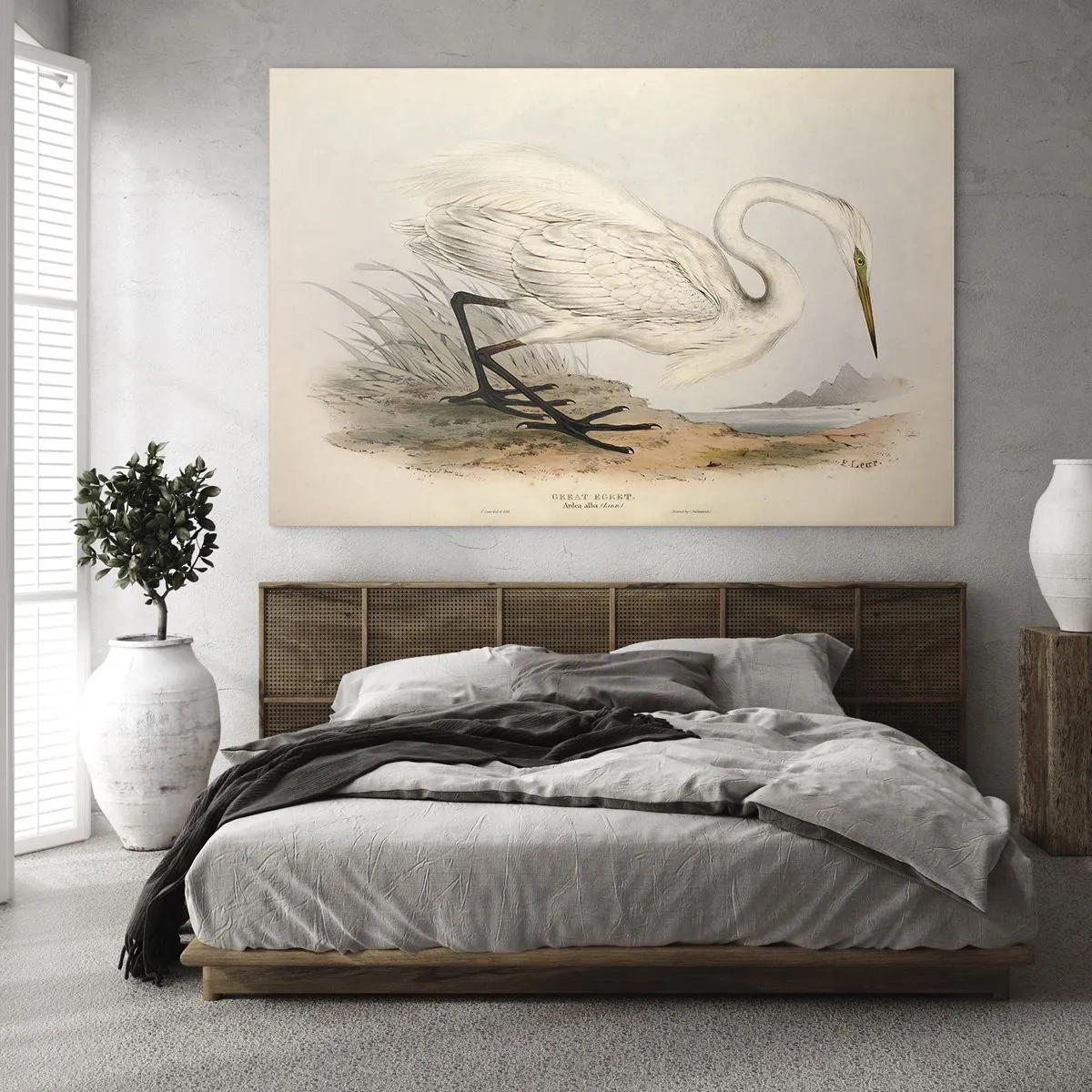 Tablou pe sticlă - Ilustrație vintage a unui stârc alb la marginea apei - 70x50cm - Doamna în stufărișuri - Decorațiune modernă pentru perete pentru living și dormitor ARTTOR
