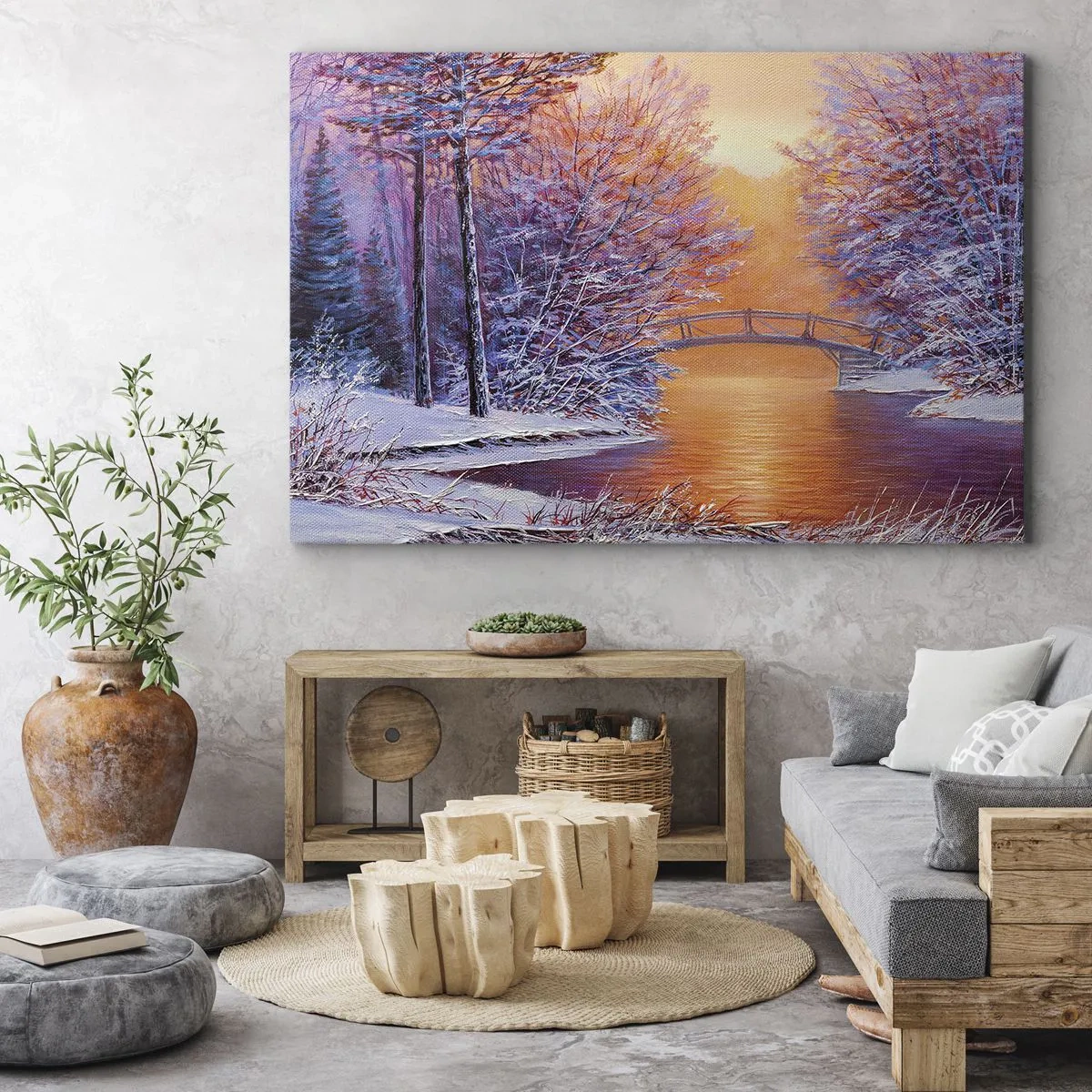 Tablou pe pânză Canvas - Peisaj de iarnă cu un pod și apus de soare - 70x50cm - Hai să ne întâlnim aici - Decorațiune modernă pentru perete pentru living și dormitor ARTTOR