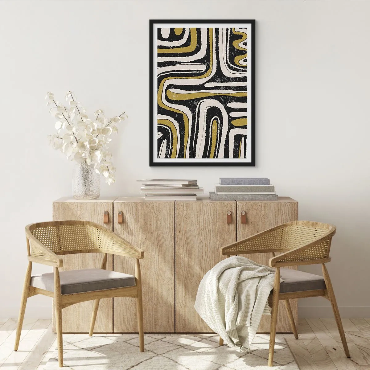 Poster în ramă neagră - Abstracție geometrică în negru, bej și auriu - 50x70cm - Compoziție: pasaje și alei - Decorațiune modernă pentru perete pentru living și dormitor ARTTOR