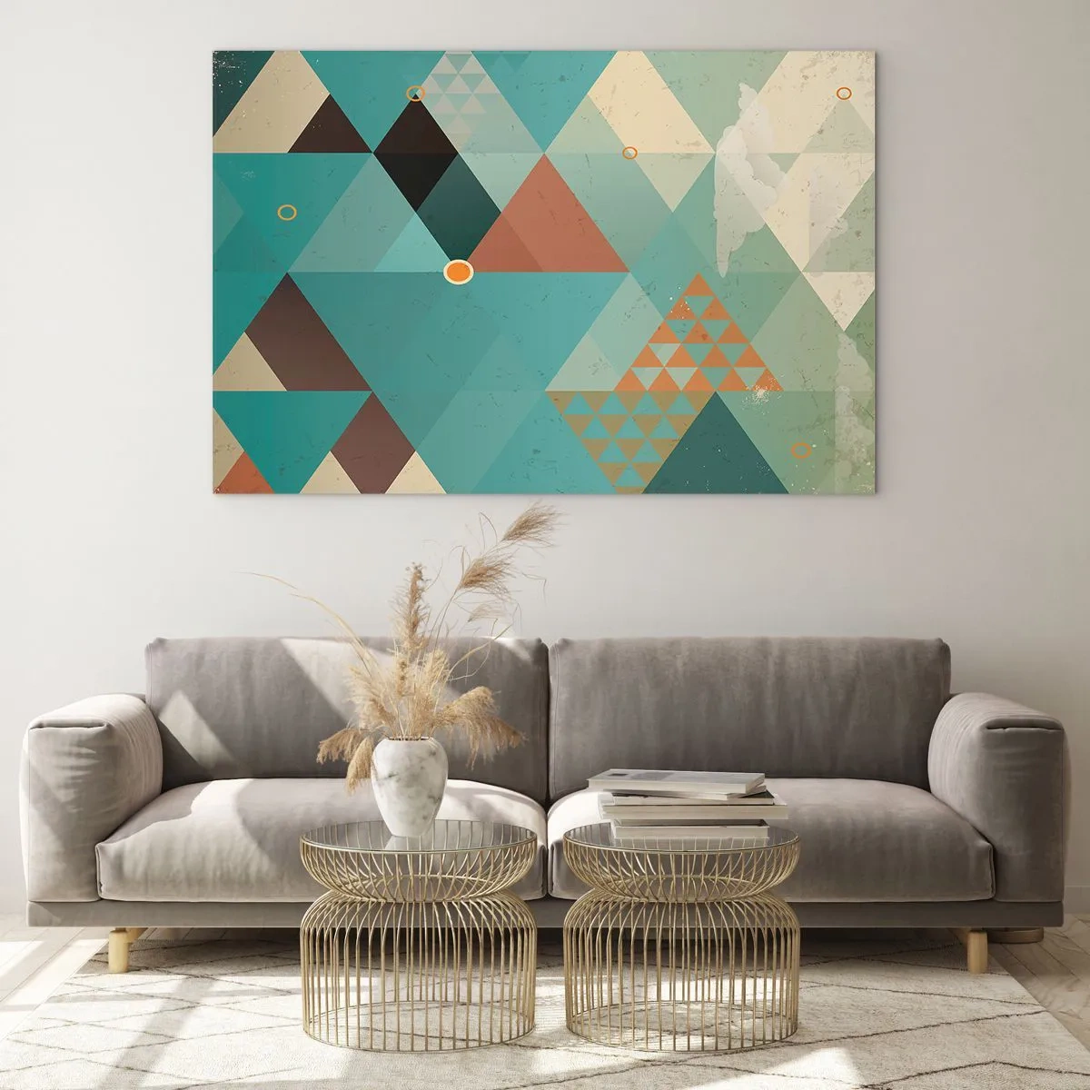 Tablou pe sticlă - Geometrie în nuanțe de turcoaz și maro cu triunghiuri - 70x50cm - Unitatea multiplicității, multiplicitatea unității - Decorațiune modernă pentru perete pentru living și dormitor ARTTOR