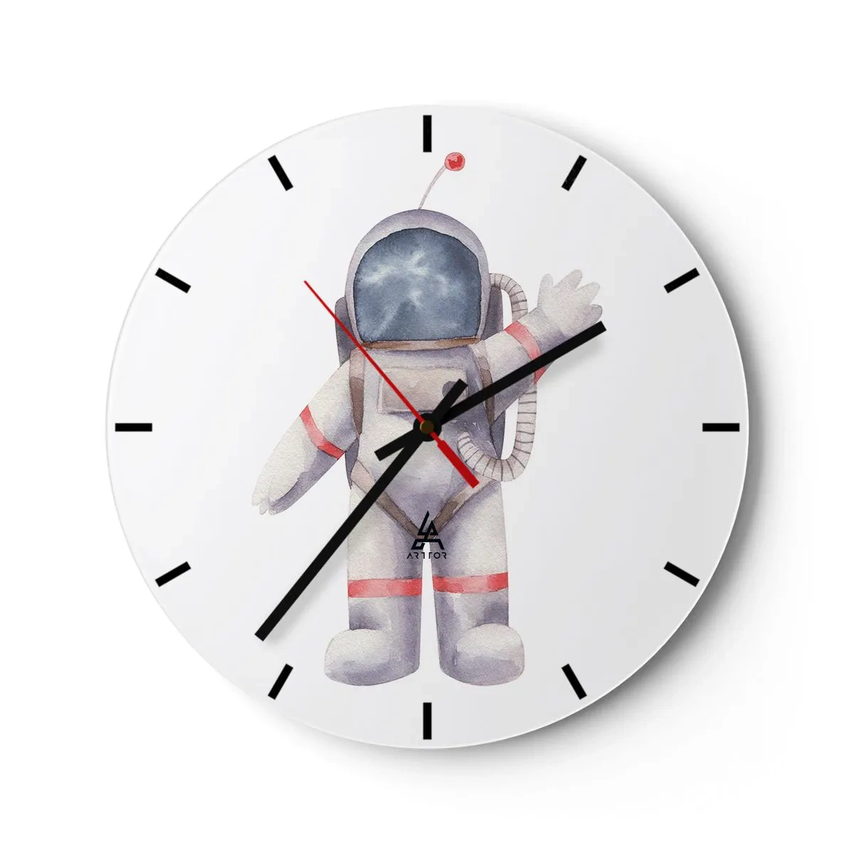 Ceas de perete - Ceas pe sticlă - Ilustrație a unui cosmonaut cu mâna ridicată pe un fundal alb - 30x30cm - Pe curând! - Decorațiune modernă pentru perete pentru living, bucătărie și dormitor ARTTOR