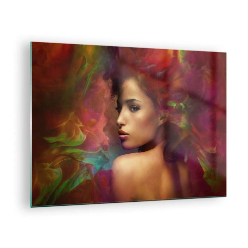 Tablou pe sticlă - Portretul unei femei într-un decor colorat, abstract - 70x50cm - Mai frumoasă decât un curcubeu, delicată ca o ceață - Decorațiune modernă pentru perete pentru living și dormitor ARTTOR
