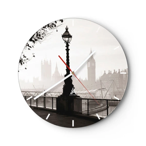Ceas de perete - Ceas pe sticlă - Un far pe Tamisa cu orizontul Londrei în fundal - 30x30cm - Londra de dimineața - Decorațiune modernă pentru perete pentru living, bucătărie și dormitor ARTTOR