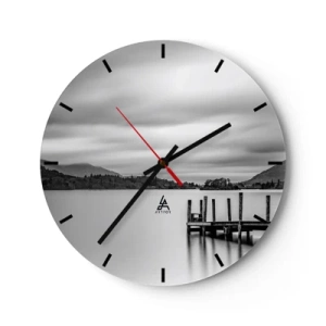 Ceas de perete - Ceas pe sticlă - Peisaj alb-negru cu un lac și un dig de lemn - 30x30cm - Blândețe și putere - Decorațiune modernă pentru perete pentru living, bucătărie și dormitor ARTTOR