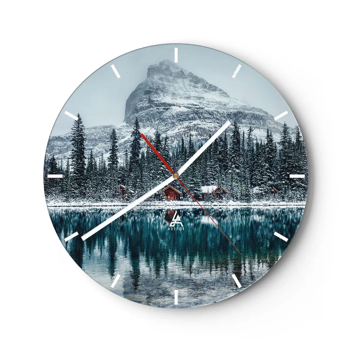 Ceas de perete - Ceas pe sticlă - Peisaj de iarnă cu un lac, o pădure și un munte în fundal - 30x30cm - Refugiu canadian - Decorațiune modernă pentru perete pentru living, bucătărie și dormitor ARTTOR