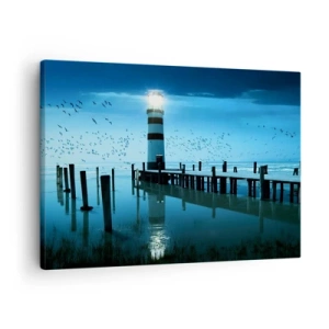 Tablou pe pânză Canvas - Farul de la dig iluminat noaptea - 70x50cm - Și nu ți-e frică de întuneric - Decorațiune modernă pentru perete pentru living și dormitor ARTTOR