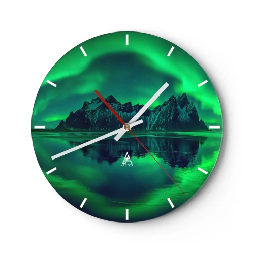 Ceas de perete - Ceas pe sticlă - Aurora boreală deasupra unui peisaj montan și reflexia sa în apă - 30x30cm - În brațele aurorei - Decorațiune modernă pentru perete pentru living, bucătărie și dormitor ARTTOR