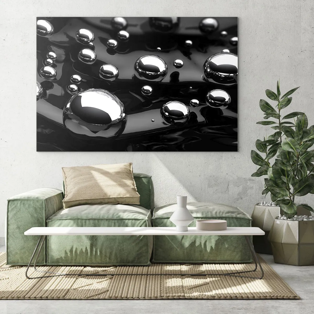 Tablou pe sticlă - Picături metalice pe o suprafață neagră - 70x50cm - Din adâncurile negre - Decorațiune modernă pentru perete pentru living și dormitor ARTTOR