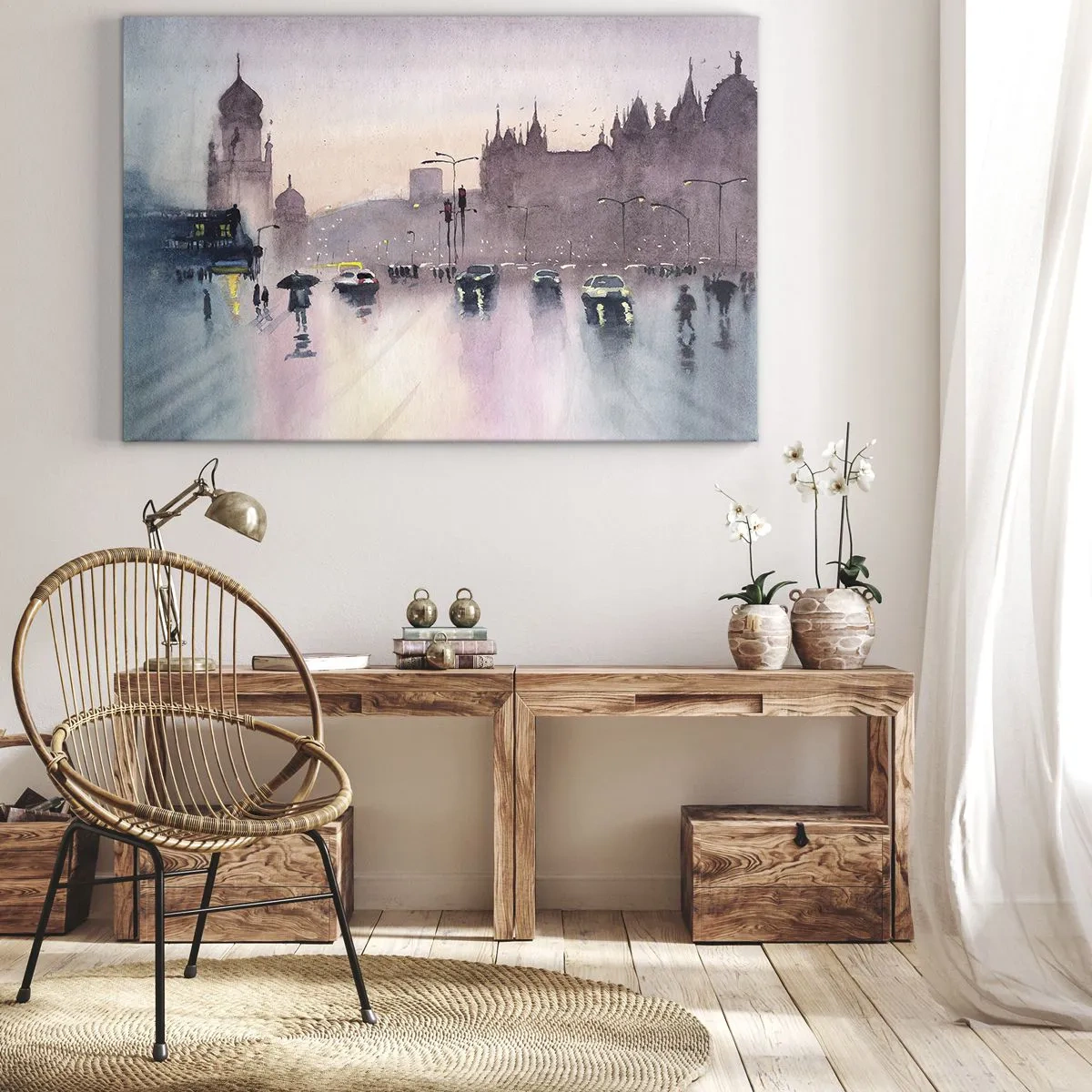 Tablou pe pânză Canvas - O stradă a orașului la amurg, în stil acuarelă - 70x50cm - Într-o ceață ploioasă - Decorațiune modernă pentru perete pentru living și dormitor ARTTOR