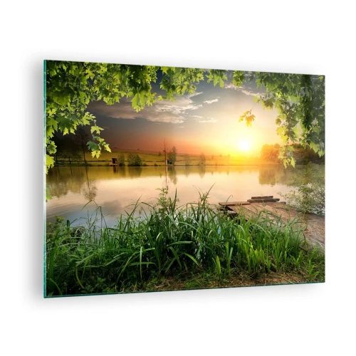 Tablou pe sticlă - Peisaj cu un lac înconjurat de verdeață la apus - 70x50cm - Peisaj într-un cadru verde - Decorațiune modernă pentru perete pentru living și dormitor ARTTOR