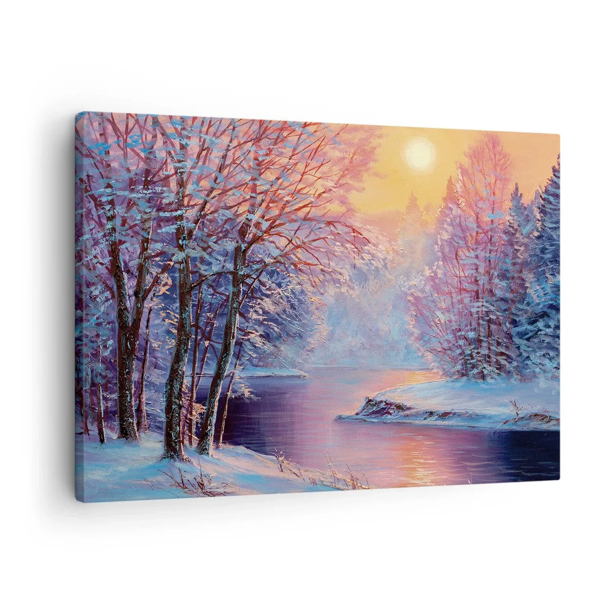 Tablou pe pânză Canvas - Peisaj de iarnă cu râu și copaci la răsărit - 70x50cm - Culorile iernii - Decorațiune modernă pentru perete pentru living și dormitor ARTTOR
