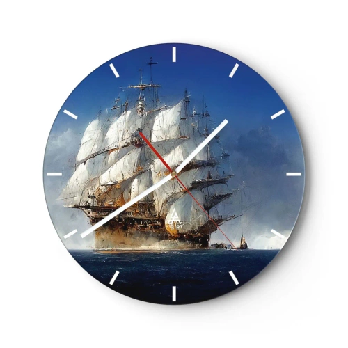 Ceas de perete - Ceas pe sticlă - O corabie cu pânzele desfăcute, navigând pe mare împotriva vântului. - 30x30cm - The great glory! - Decorațiune modernă pentru perete pentru living, bucătărie și dormitor ARTTOR