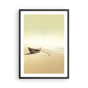Poster în ramă neagră - O barcă singuratică din lemn pe o plajă pustie, în culori pastelate. - 50x70cm - O amintire din Mările Sudului - Decorațiune modernă pentru perete pentru living și dormitor ARTTOR