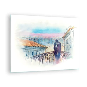 Tablou pe sticlă - Cuplu pe balcon bucurându-se de apus romantic - 70x50cm - Iubiți parizieni - Decorațiune modernă pentru perete pentru living și dormitor ARTTOR