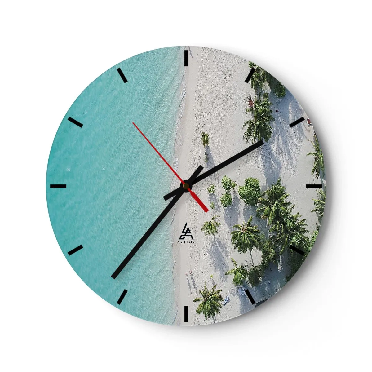 Ceas de perete - Ceas pe sticlă - Vedere de sus a plajei cu apă turcoaz și palmieri - 30x30cm - Vacanță în paradis - Decorațiune modernă pentru perete pentru living, bucătărie și dormitor ARTTOR