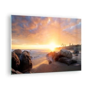 Tablou pe sticlă - Apus de soare peste mare cu pietre pe țărm - 70x50cm - Briză luminoasă de seară - Decorațiune modernă pentru perete pentru living și dormitor ARTTOR