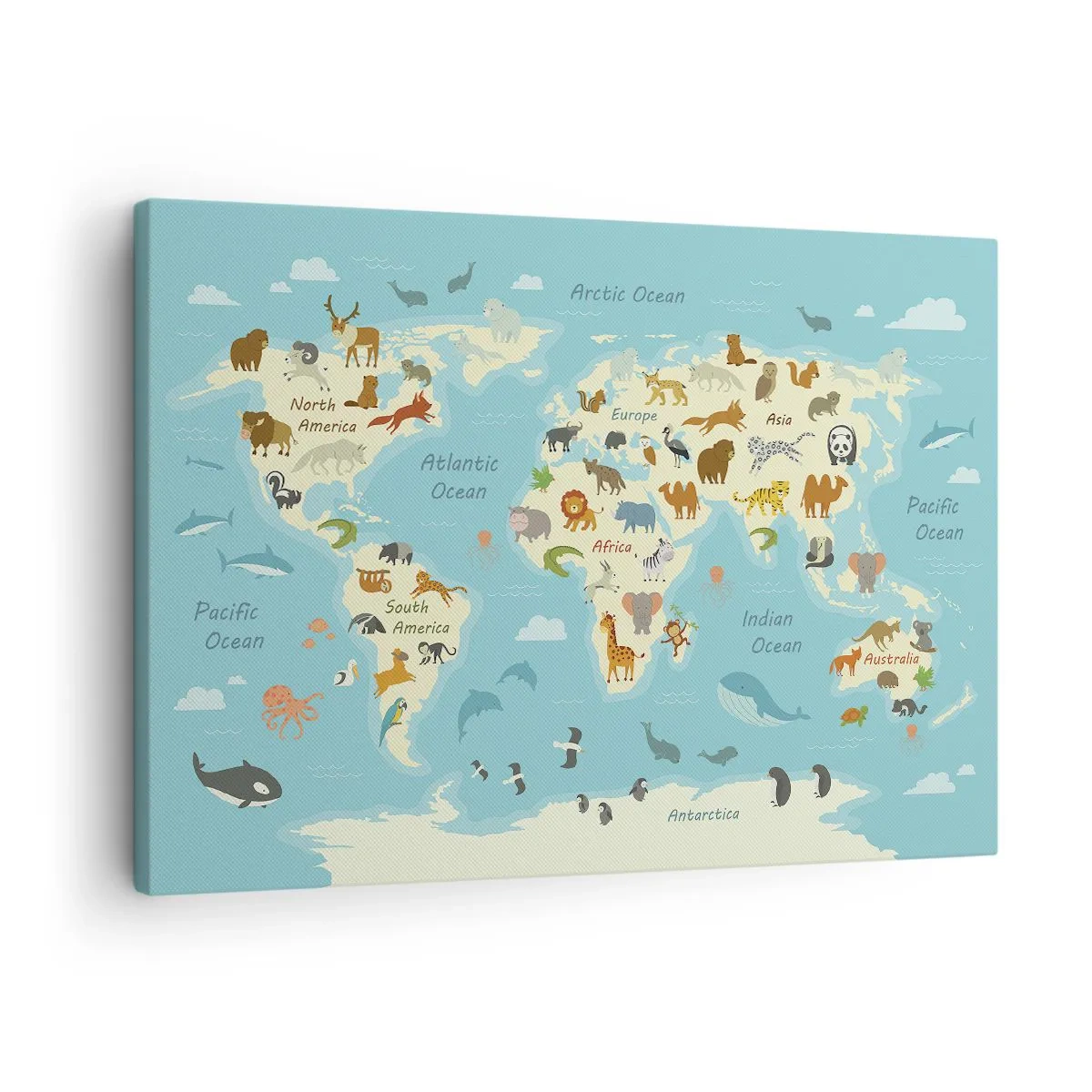 Tablou pe pânză Canvas - Hartă a lumii cu ilustrații cu animale - 70x50cm - Vecini buni - Decorațiune modernă pentru perete pentru living și dormitor ARTTOR