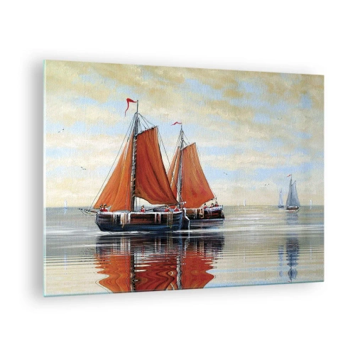 Tablou pe sticlă - Nave cu pânze pe o mare calmă la apus - 70x50cm - Hei, marinarule, navighează... - Decorațiune modernă pentru perete pentru living și dormitor ARTTOR