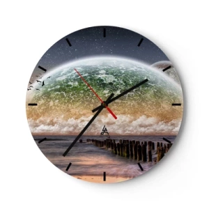 Ceas de perete - Ceas pe sticlă - Peisaj cu un glob și o mare calmă - 30x30cm - Și lumea a ieșit din apă - Decorațiune modernă pentru perete pentru living, bucătărie și dormitor ARTTOR