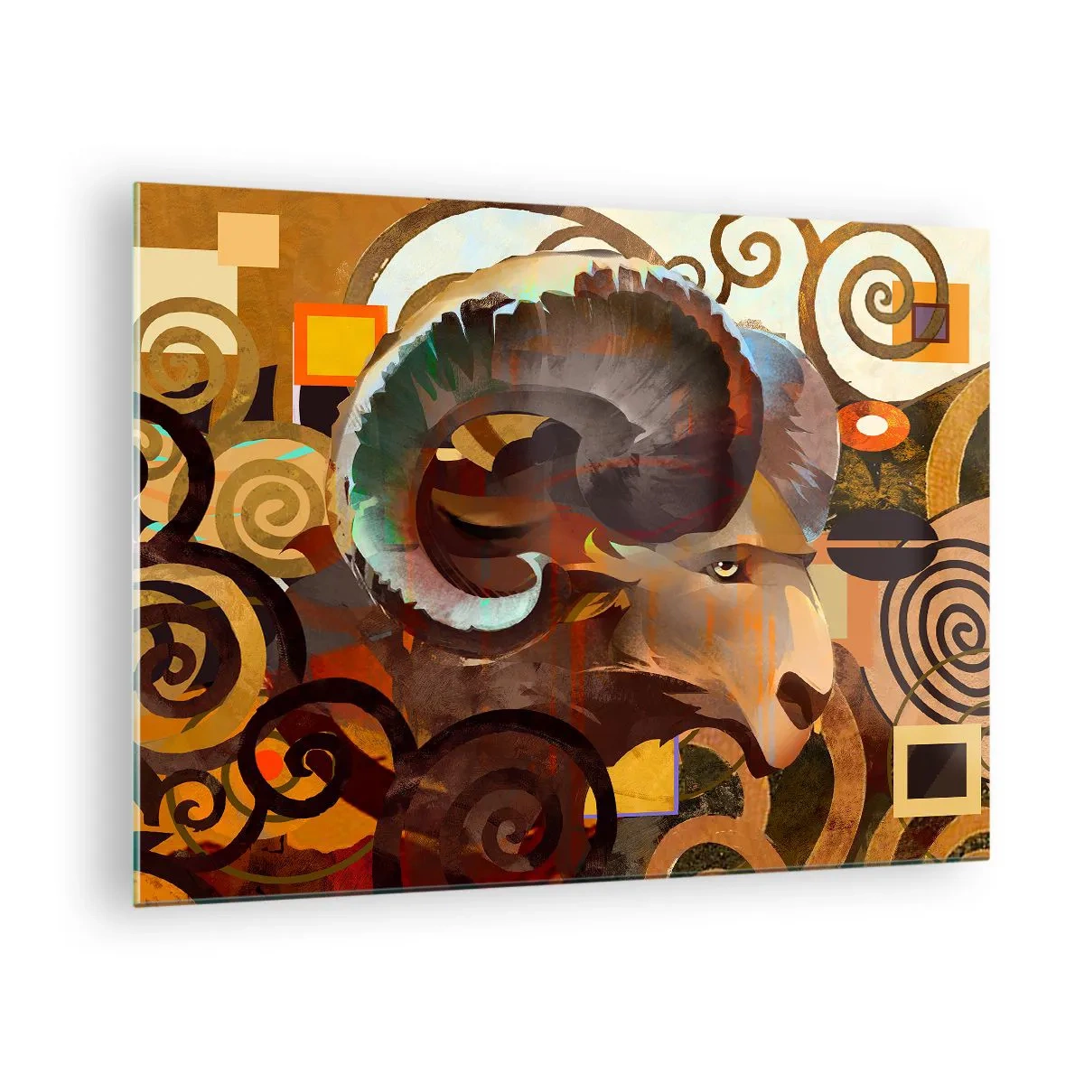 Tablou pe sticlă - O imagine artistică a unui berbec într-o compoziție geometrică și spiralată. - 70x50cm - Magii - religii - ritualuri - Decorațiune modernă pentru perete pentru living și dormitor ARTTOR