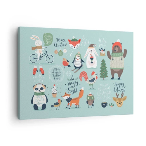 Tablou pe pânză Canvas - Ilustrație de Crăciun cu animale într-o atmosferă de iarnă - 70x50cm - Să nu se termine niciodată Crăciunul! - Decorațiune modernă pentru perete pentru living și dormitor ARTTOR