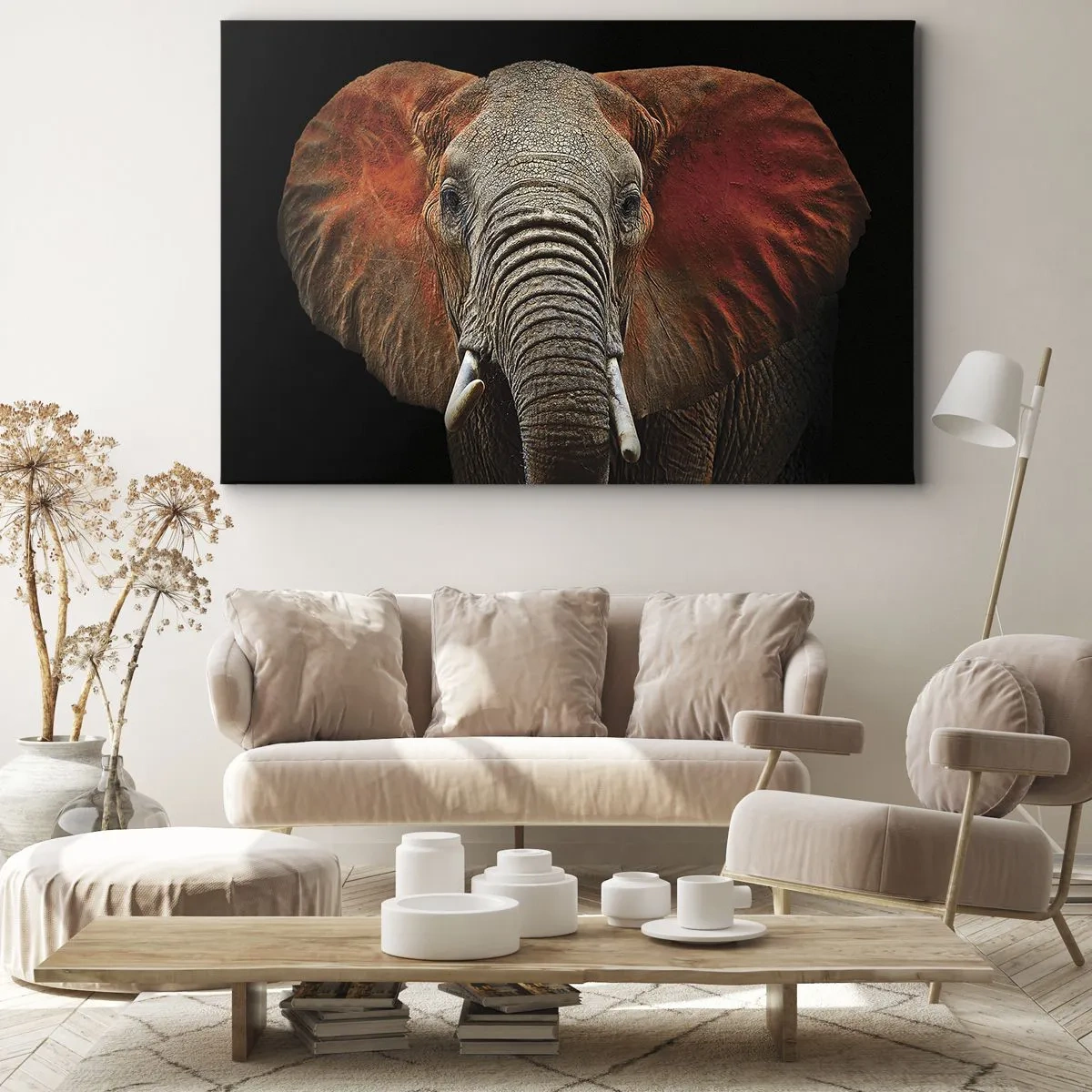 Tablou pe pânză Canvas - Portretul unui elefant pe fundal negru - 70x50cm - Sunt sălbatic, și tu? - Decorațiune modernă pentru perete pentru living și dormitor ARTTOR