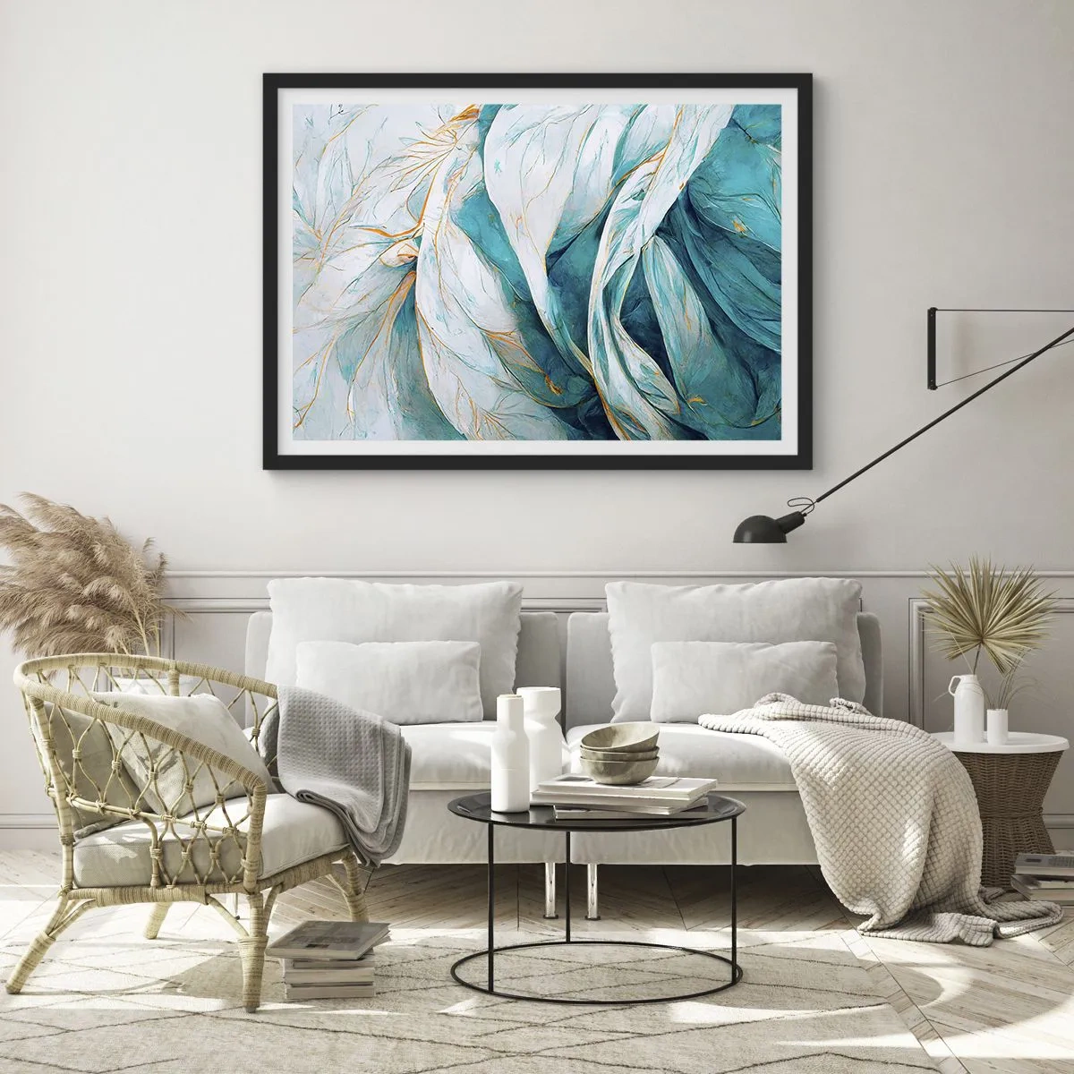 Poster în ramă neagră - Abstractul albastru cu motiv auriu - 70x50 cm