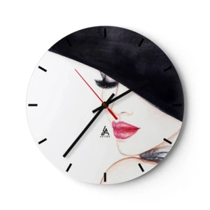 Ceas de perete - Ceas pe sticlă - Portretul unei femei cu buze roșii - 30x30cm - Eleganță și senzualitate - Decorațiune modernă pentru perete pentru living, bucătărie și dormitor ARTTOR