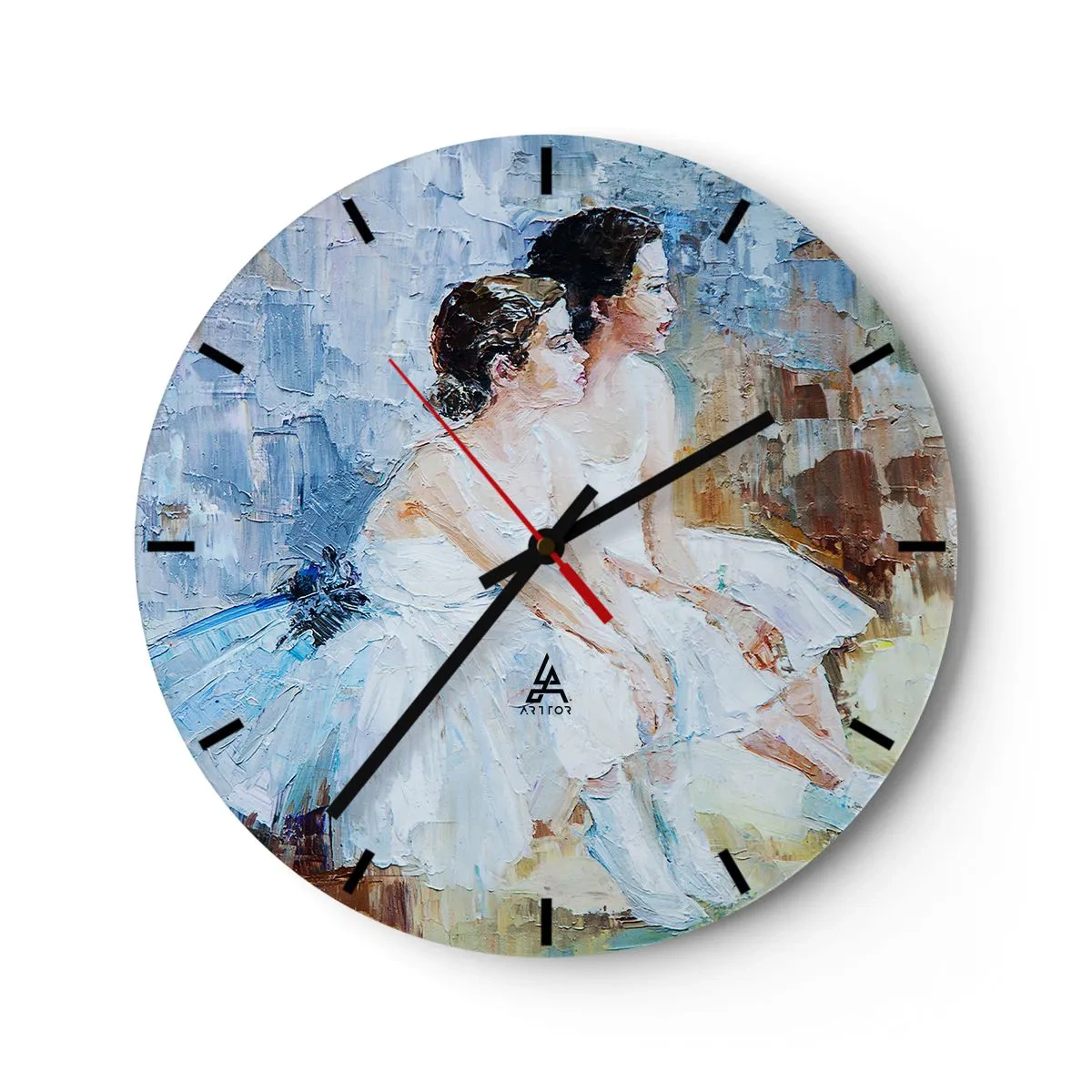 Ceas de perete - Ceas pe sticlă - Un tablou cu două balerine în repaus, realizat în culori pastelate. - 30x30cm - Odihna lebedelor tinere - Decorațiune modernă pentru perete pentru living, bucătărie și dormitor ARTTOR