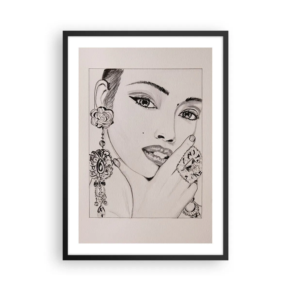 Poster în ramă neagră - Schiță a unei femei purtând bijuterii fermecătoare - 50x70cm - Cea mai frumoasă bijuterie - Decorațiune modernă pentru perete pentru living și dormitor ARTTOR