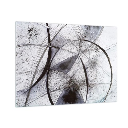 Tablou pe sticlă - O compoziție alb-negru de linii care se intersectează și arcuri geometrice. - 70x50cm - O fantezie futuristă - Decorațiune modernă pentru perete pentru living și dormitor ARTTOR