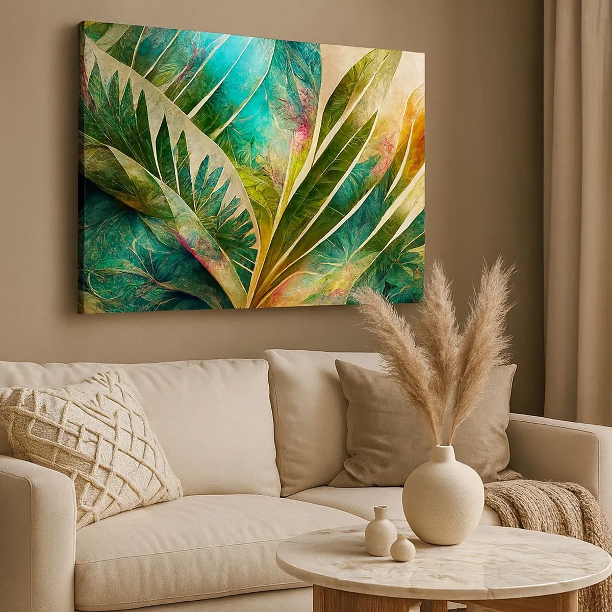 Tablou pe pânză Canvas - Frunze tropicale colorate pe un fundal deschis - 70x50cm - Culorile tropicelor - Decorațiune modernă pentru perete pentru living și dormitor ARTTOR