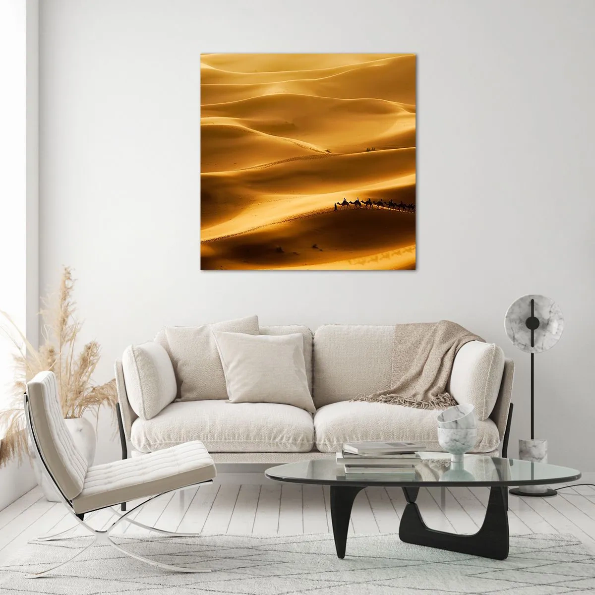 Tablou pe sticlă - Caravana pe valurile deșertului - 30x30 cm