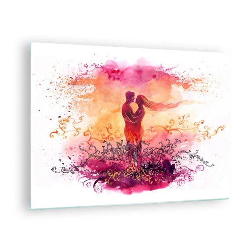 Tablou pe sticlă - Un cuplu romantic în culori abstracte, calde - 70x50cm - De o singură inimă! Am nevoie de atât de puțin.. - Decorațiune modernă pentru perete pentru living și dormitor ARTTOR