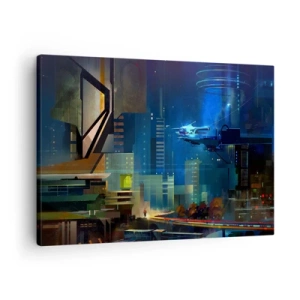 Tablou pe pânză Canvas - Oraș futurist noaptea cu lumini de neon și un vehicul zburător - 70x50cm - În viitorul apropiat - Decorațiune modernă pentru perete pentru living și dormitor ARTTOR
