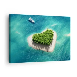Tablou pe pânză Canvas - O insulă romantică în formă de inimă într-o mare turcoaz - 70x50cm - Iubesc vara - Decorațiune modernă pentru perete pentru living și dormitor ARTTOR