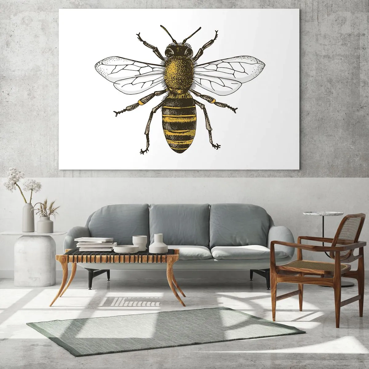 Tablou pe sticlă - Ilustrație detaliată a unei albine pe fundal alb - 70x50cm - Frumoasă și bună - Decorațiune modernă pentru perete pentru living și dormitor ARTTOR