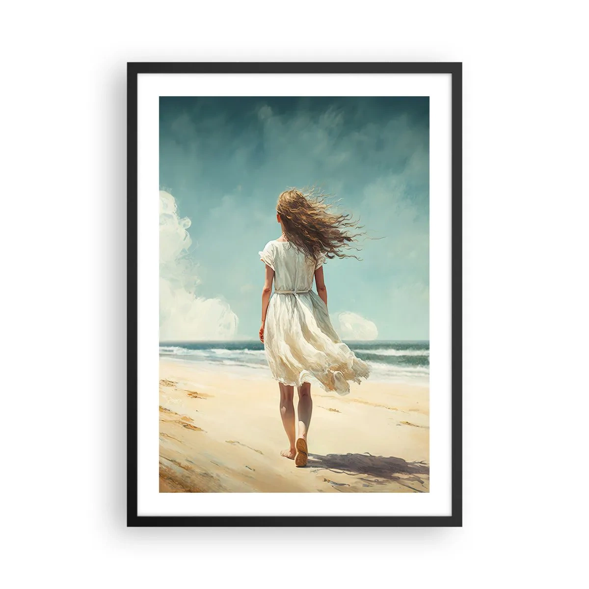 Poster în ramă neagră - O femeie într-o rochie albă care se plimbă pe plajă, lângă mare - 50x70cm - Vreau să întâlnesc soarele și vântul - Decorațiune modernă pentru perete pentru living și dormitor ARTTOR