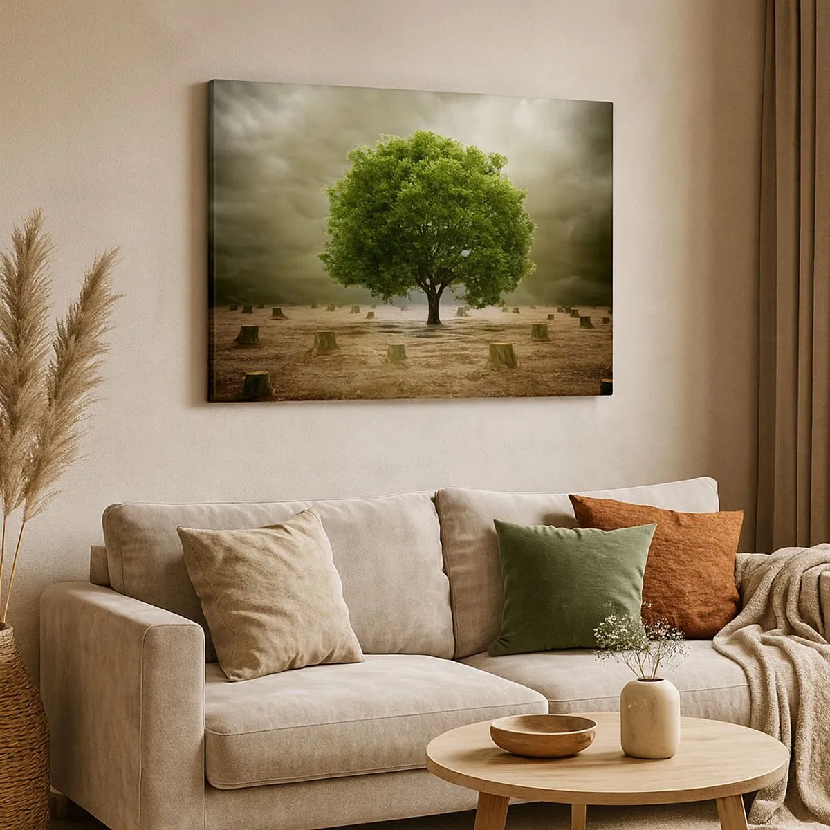 Tablou pe pânză Canvas - Un copac verde înconjurat de trunchiuri de copaci doborâți pe un cer înnorat - 70x50cm - Toate speranțele - Decorațiune modernă pentru perete pentru living și dormitor ARTTOR