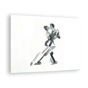 Tablou pe sticlă - Un cuplu dansând tango în acuarelă alb-negru - 70x50cm - Într-un ritm - Decorațiune modernă pentru perete pentru living și dormitor ARTTOR
