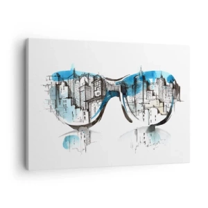 Tablou pe pânză Canvas - Acuarelă a panoramei orașului reflectată în ochelari - 70x50cm - Eleganța unui mare oraș - Decorațiune modernă pentru perete pentru living și dormitor ARTTOR