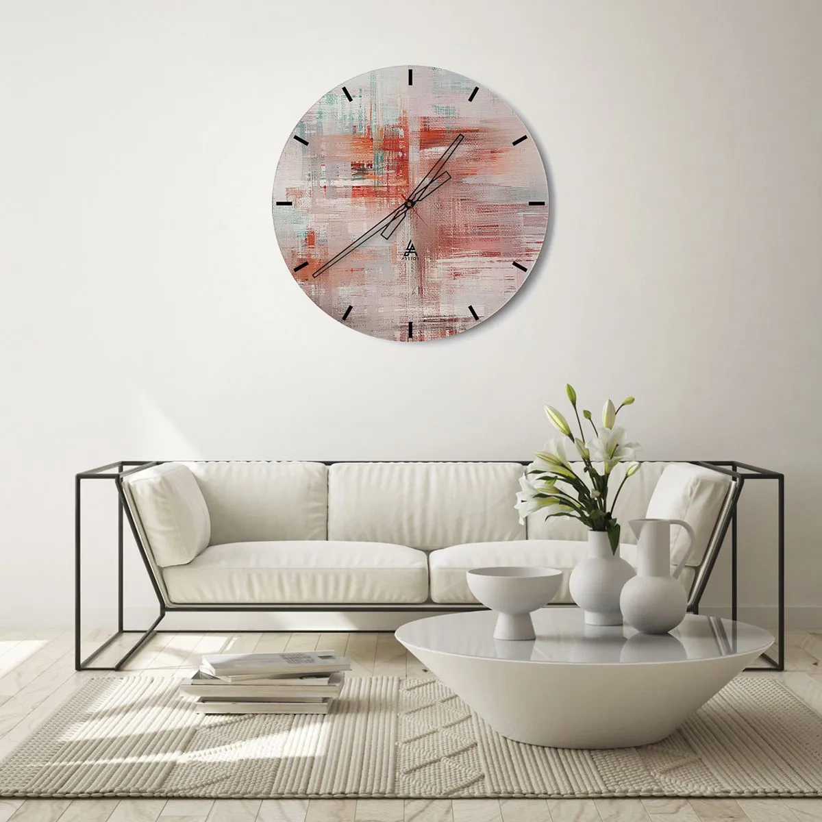 Ceas de perete - Ceas pe sticlă - O compoziție abstractă de linii diagonale în nuanțe de roz și alb. - 30x30cm - În ceață. Dar roz - Decorațiune modernă pentru perete pentru living, bucătărie și dormitor ARTTOR
