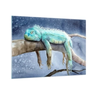 Tablou pe sticlă - Iguana albastră întinsă pe o creangă în stil acuarelă - 70x50cm - Este bine! - Decorațiune modernă pentru perete pentru living și dormitor ARTTOR