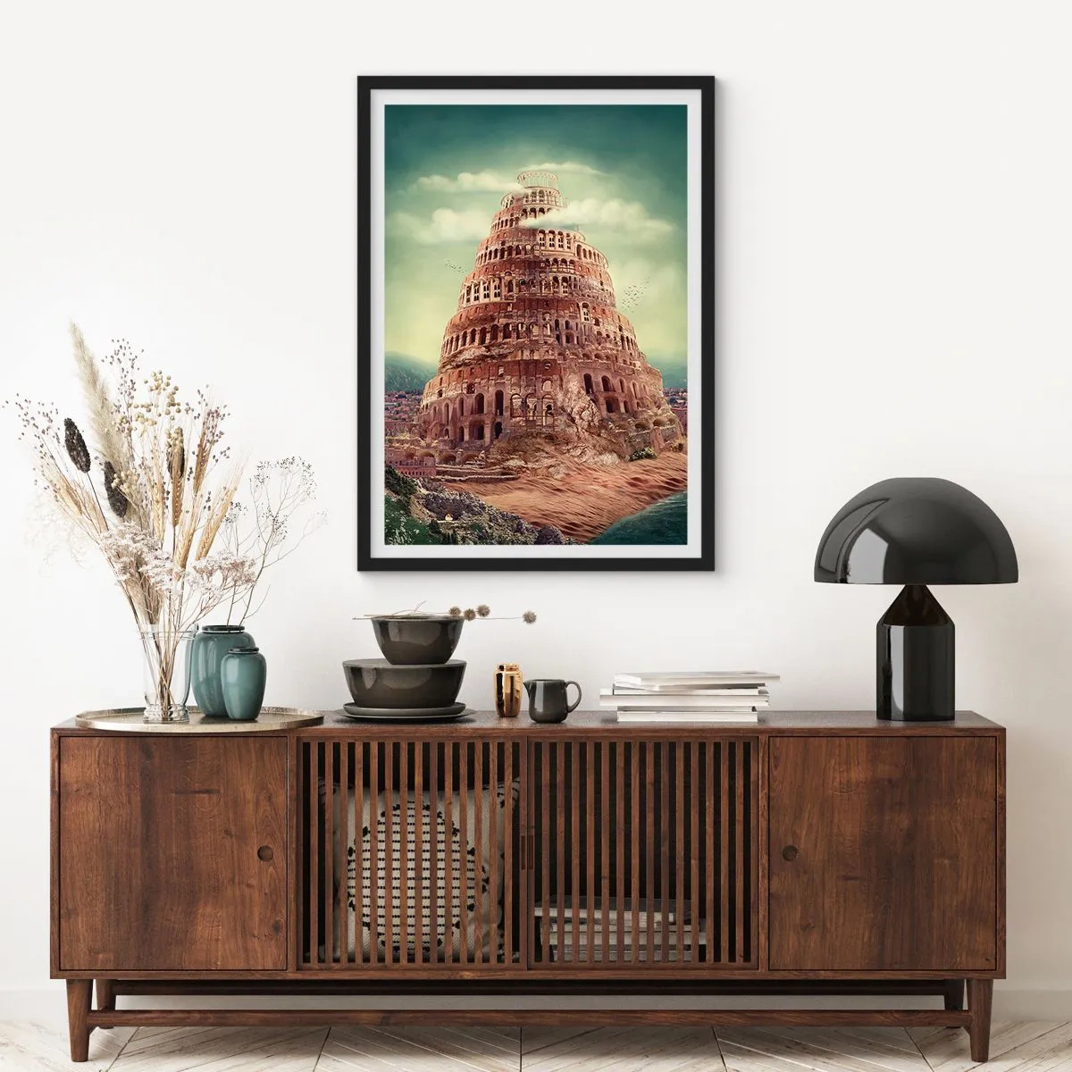 Poster în ramă neagră - Turnul Babel mitic într-un peisaj pitoresc - 50x70cm - Turnul Babel - Decorațiune modernă pentru perete pentru living și dormitor ARTTOR